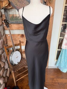 Black Satin Cowl Neck Maxi Slip Dress with Spaghetti Straps 10 NWT